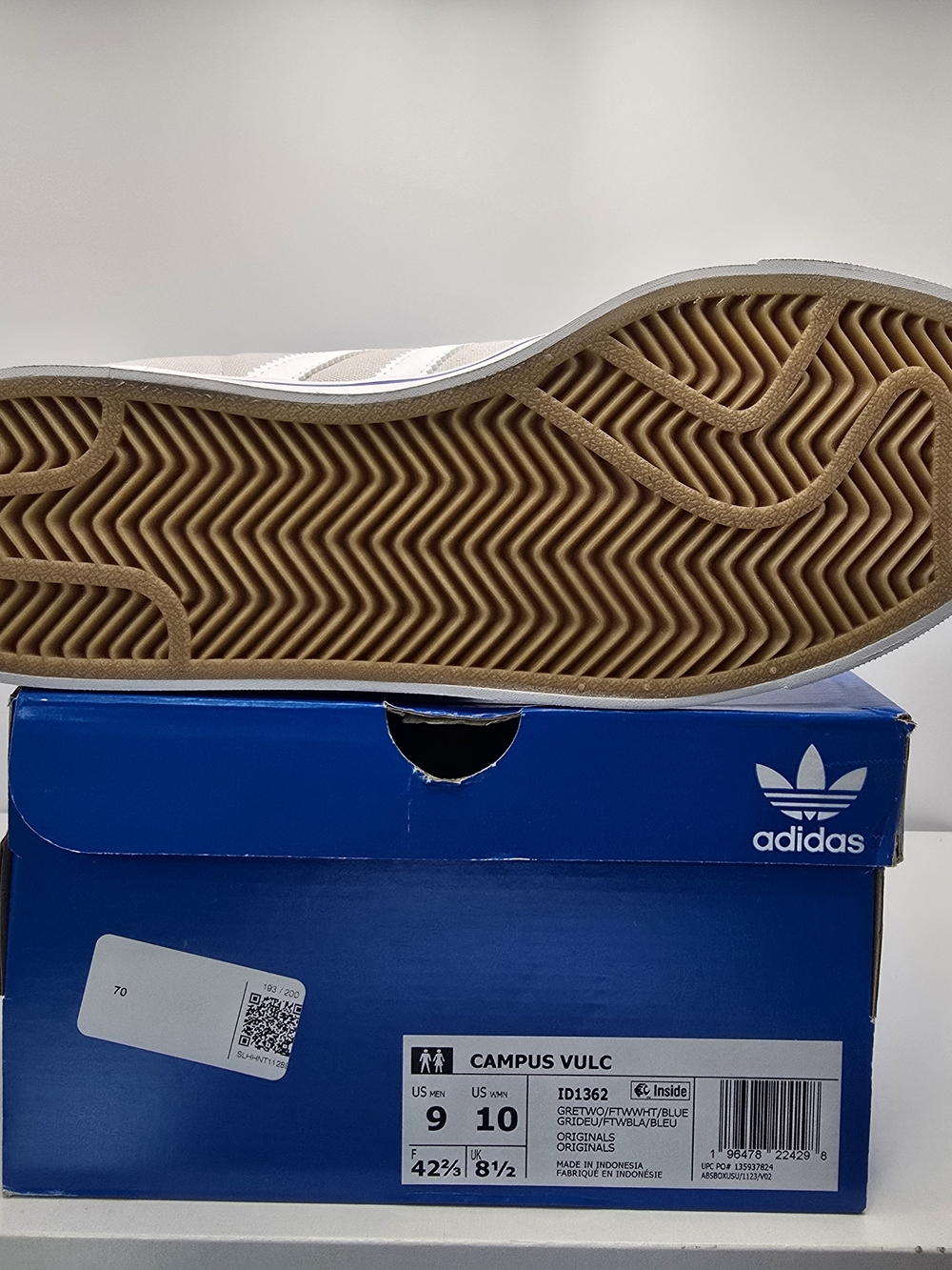 adidas Campus Vulc Light Gray and White Low-Top Sneaker with Blue Heel - Picture 3 of 6